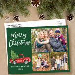 Brush Script Vintag Truck 3 Foto Weihnachten Grün Postkarte<br><div class="desc">Modern Green Brush Script Wasserfarbe Vintag Red Truck mit Weihnachtsbaum - Frohe Weihnachtsfamilie 3 Foto Grüne Postkarte</div>
