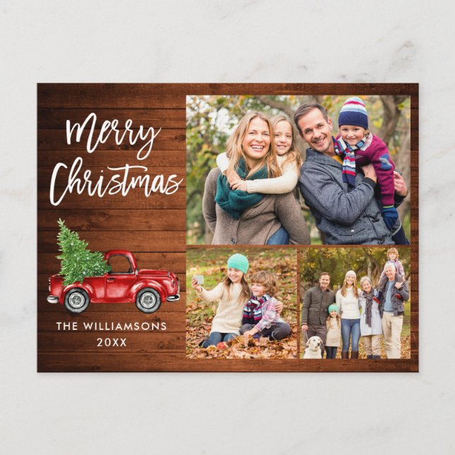 Brush Script Vintag Truck 3 Foto Weihnachtswald Postkarte (Vorderseite)