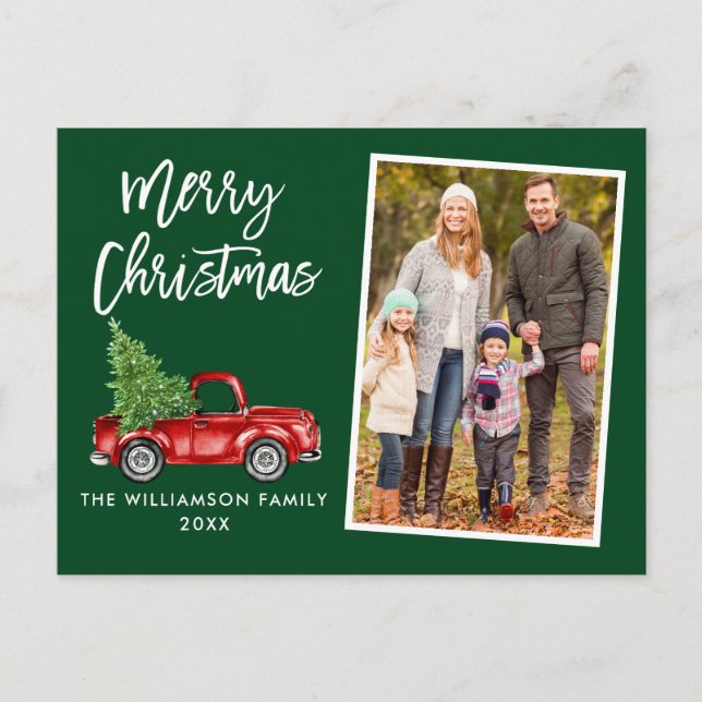 Brush Script Vintag Truck Foto Weihnachten Grün Postkarte (Vorderseite)