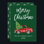 Brush Script Vintag Truck Green Christmas Card SB Einladung<br><div class="desc">Pinselschrift Wasserfarbe Vintager roter LKW mit Weihnachtsbaum - Frohe Weihnachtskarte - Grüne Schneeflocken Zurück</div>