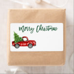 Brush Script Vintag Truck Green Christmas Mailing<br><div class="desc">Pinselschrift Wasserfarbe Vintager Truck mit Weihnachtsbaum - Frohe Weihnachts-Mailing-Label</div>