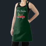Brush Script Vintag Truck Green Christmas Tree Schürze<br><div class="desc">Brush Script Wasserfarbe Vintag Red Truck mit Weihnachtsbaum - Frohe Weihnachten Grüne Schürze</div>