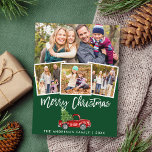 Brush Script Vintag Truck Weihnachten 4 Foto Grün Postkarte<br><div class="desc">Brush Script Wasserfarbe Vintager roter LKW mit Weihnachtsbaum - Frohe Weihnachten Grüne Postkarte - 4 Fotos</div>