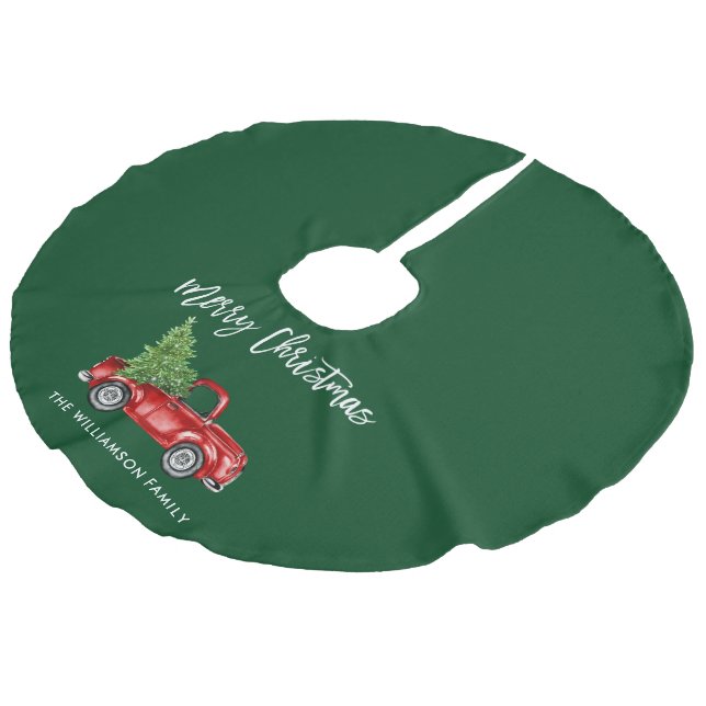 Brush Script Vintag Truck Weihnachten Grün Leinenimitat Weihnachtsbaumdecke (Schrägansicht)