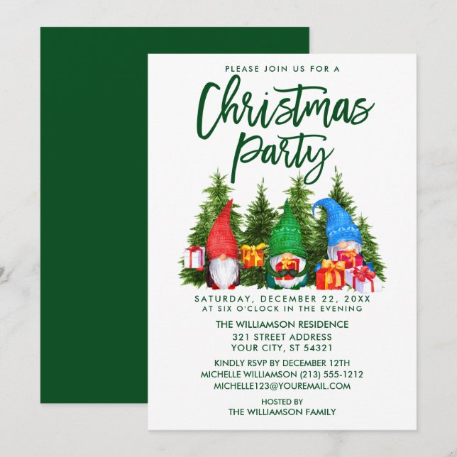 Brush Script Watercolor Gnomes Weihnachtsgeschenk  Einladung (Vorne/Hinten)