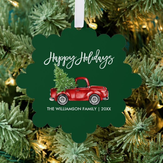 Brush Script Watercolor Truck Green Holiday Ornament Karte (Insitu (Baum))