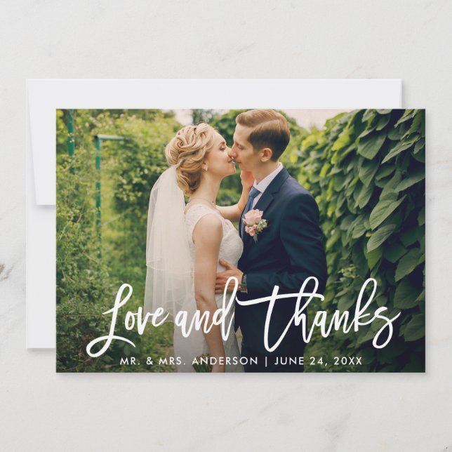 Brush Script Wedding Foto Liebe und Dank Modern Dankeskarte (Vorderseite)