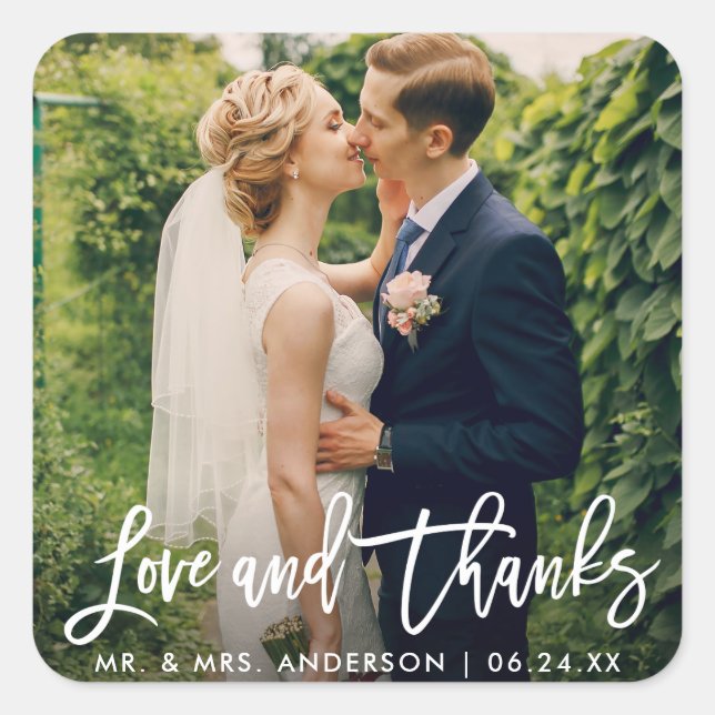 Brush Script Wedding Foto Liebe und Dank Modern Quadratischer Aufkleber (Vorderseite)