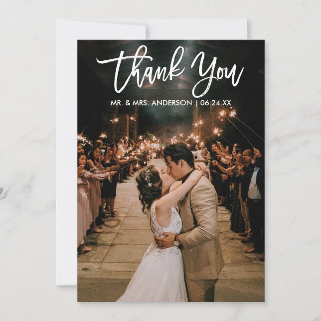 Brush Script Wedding Foto Modern Danke Karte (Vorderseite)