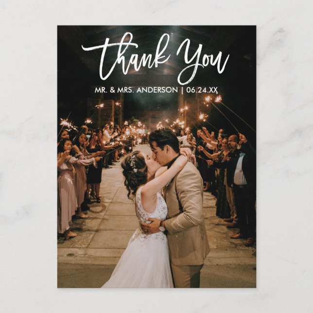 Brush Script Wedding Foto Vielen Dank, dass Sie mo Postkarte (Vorderseite)