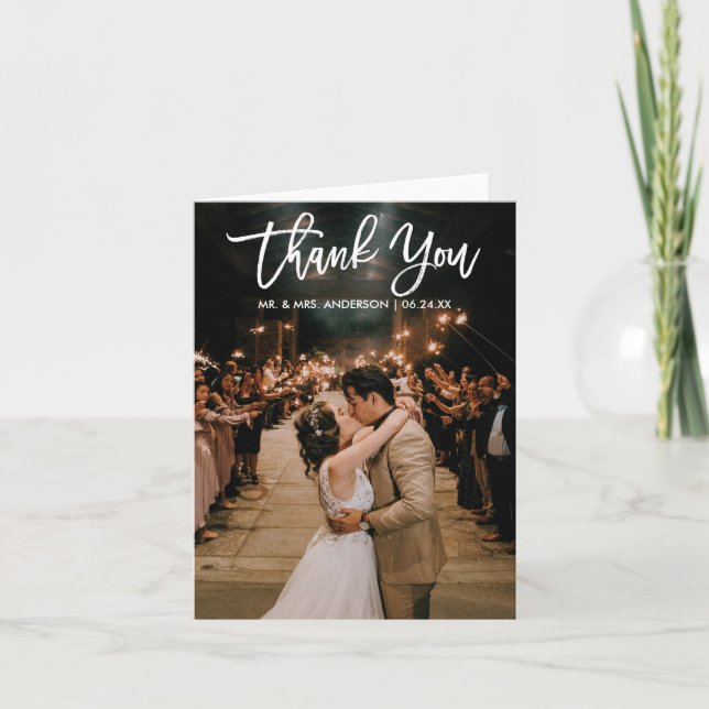 Brush Script Wedding Foto Vielen Dank Moderne Anme Karte (Vorderseite)