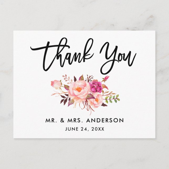 Brush Script Wedding Pink Floral Vielen Dank Postkarte (Vorderseite)