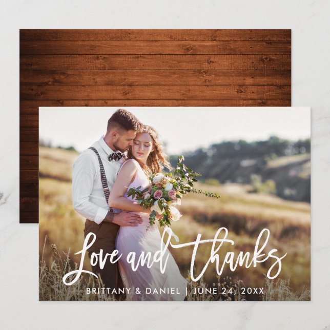 Brush Script Wedding Wood Liebe und Dankerkarte Einladung (Vorne/Hinten)