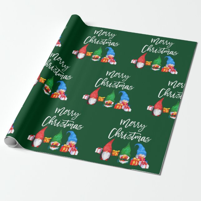 Brush Script Weihnachten Wasserfarben Gnomes Green Geschenkpapier (Ungerollt)