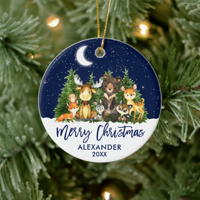 Brush Script Weihnachts-Woodland Tiere Blue Keramik Ornament (Baum)