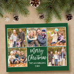 Brush Script Weihnachtsfamilie 5 Foto Grün Postkarte<br><div class="desc">Moderne Pinselschrift Frohe Weihnachtsfamilie 4 Foto Postcard - Forest Green</div>