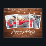 Brush Script Wohn Lights Holiday 3 Foto Postkarte<br><div class="desc">Rustikales Wood Brush Script 3 Foto Happy Holidays Postcard mit String Lights</div>