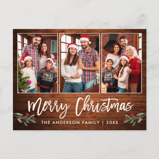 Brush Script Wood Greenery 3 Foto Weihnachten Postkarte (Vorderseite)