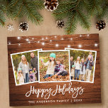 Brush Script Wood Lights 3 Foto Familienurlaub Postkarte<br><div class="desc">Rustikales Holz Pinselschrift 3 Foto Familienfeiertag Postkarte mit String Lights</div>