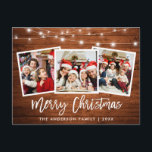 Brush Script Wood Lights 3 Foto Weihnachtsstar Postkarte<br><div class="desc">Rustikales Holz Pinselschrift 3 Foto Familie Frohe Weihnachtskarte mit String Lights</div>