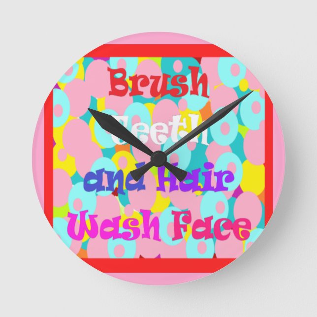 Brush Teeth Hair Wash Fan Spaß Kinder helles Desig Runde Wanduhr (Vorderseite)