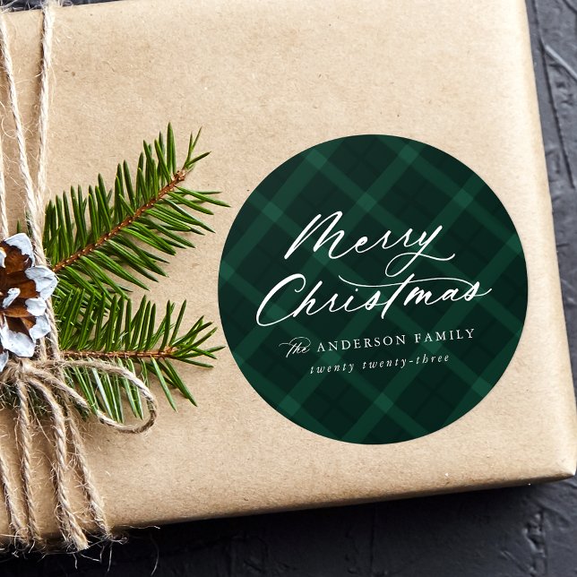 Brushed Green Kariert Frohe Weihnachten Runder Aufkleber (Von Creator hochgeladen)