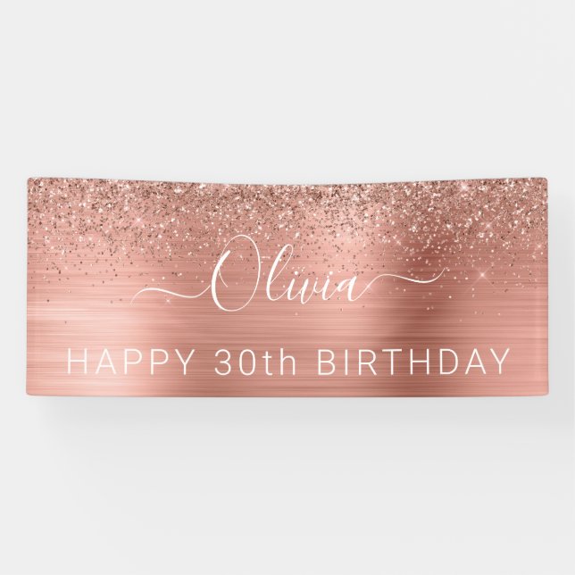 Brushed Metal Birthday Rose Gold Glitzer Girly Banner (Horizontal)