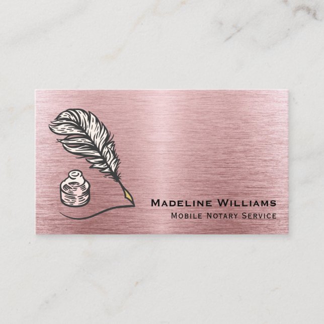 Brushed Metal Rose Gold Quill QR Mobile Notar Visitenkarte (Vorderseite)