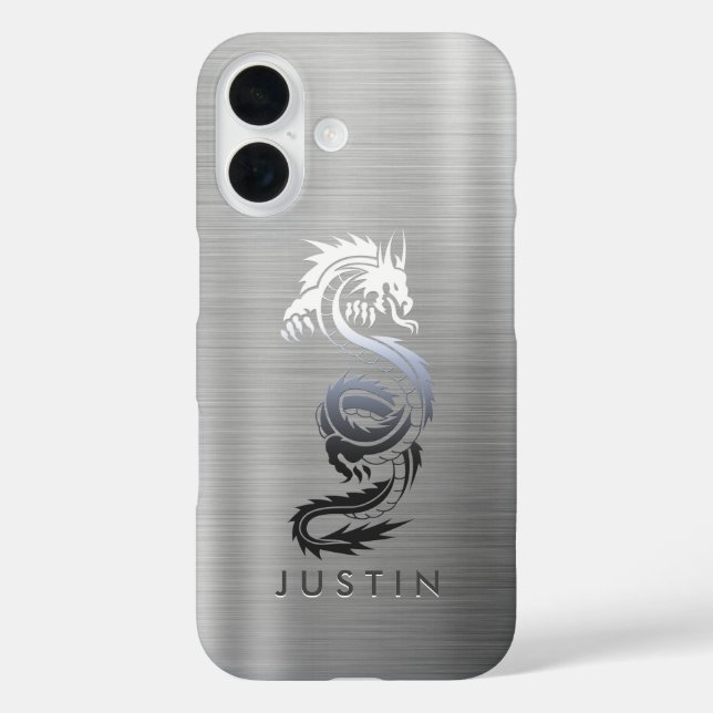 Brushed Metallic Dragon iPhone 16 Hülle (Rückseite)