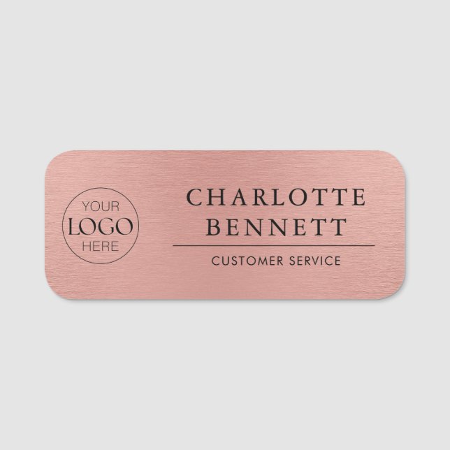 Brushed Metallic Rose Gold Logo Employee Staff Namensschild (Vorderseite)