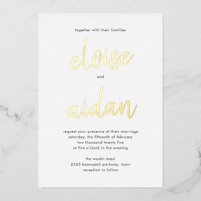 Brushed Names Real Foil Wedding Einladung (Vorderseite)