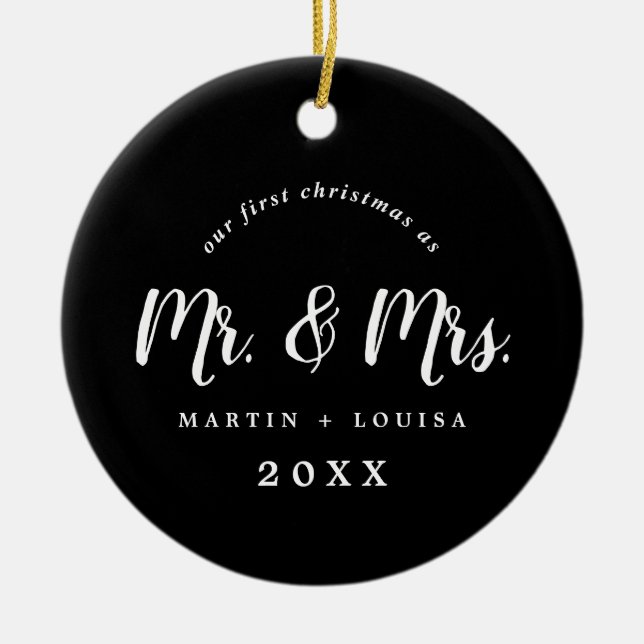 Brushed Newlywed First Christmas Wedding Foto Keramik Ornament (Vorne)