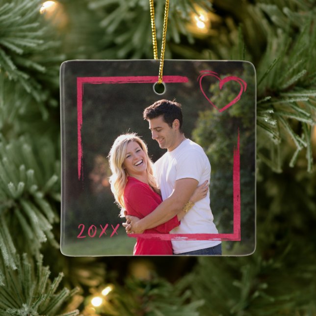 Brushed Square Kontur and Heart Foto Year Keramikornament (Baum)