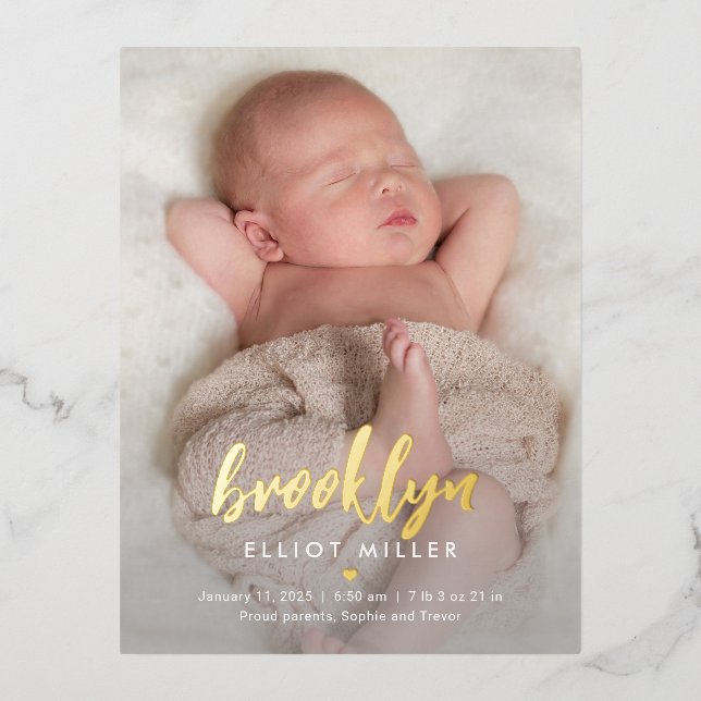 Brushname Foil Baby Geburtsankündigung Postkarte (Vorderseite)