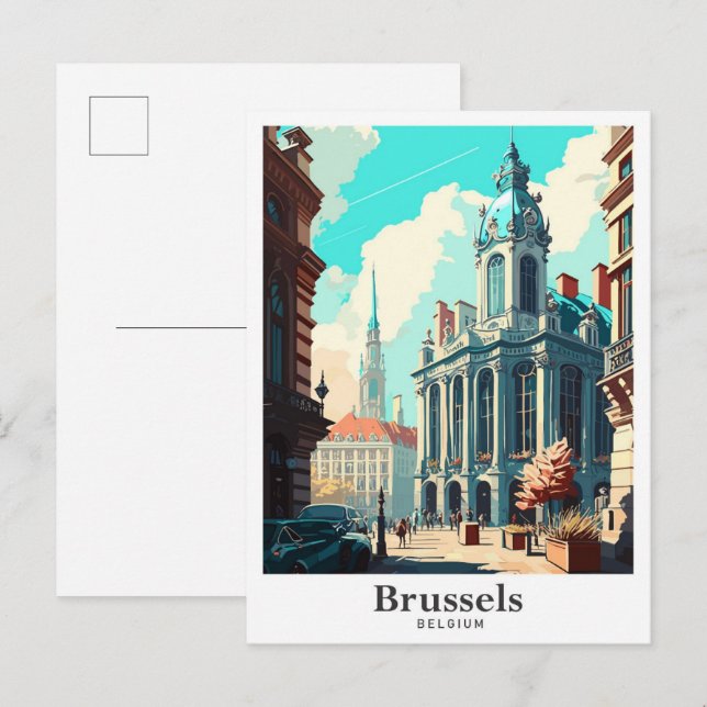 Brüssel Belgien Art Vintage Travel Illustration Postkarte (Vorne/Hinten)