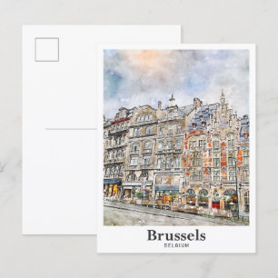 Brüssel Belgien Kunst Reise Aquarell Handgezeichne Postkarte