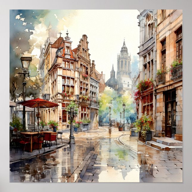 Brüssel Belgien Reisen Wasserfarben Kunst drucken Poster (Vorne)