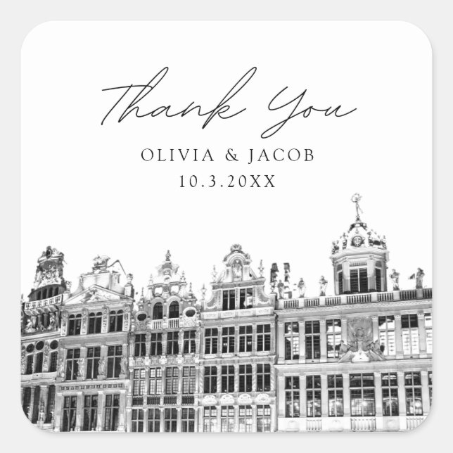 Brussels Wedding Black & White Gevor Vielen Dank Quadratischer Aufkleber (Vorderseite)