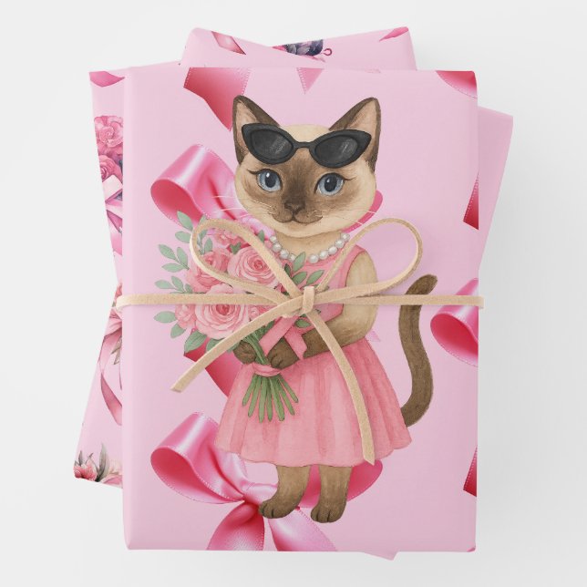Brustkrebs-Bewusstsein für Katzenliebhaber Rosa Ba Geschenkpapier Set (Beispiel)