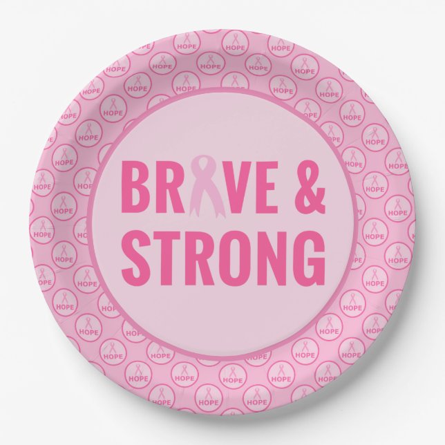 Brustkrebs-Bewusstsein mit rosa Band Pappteller (Vorderseite)