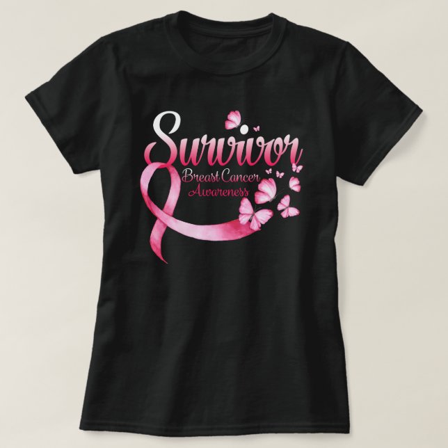 Brustkrebs-Bewusstsein Pink Butterflies Ribbon Su T-Shirt (Design vorne)