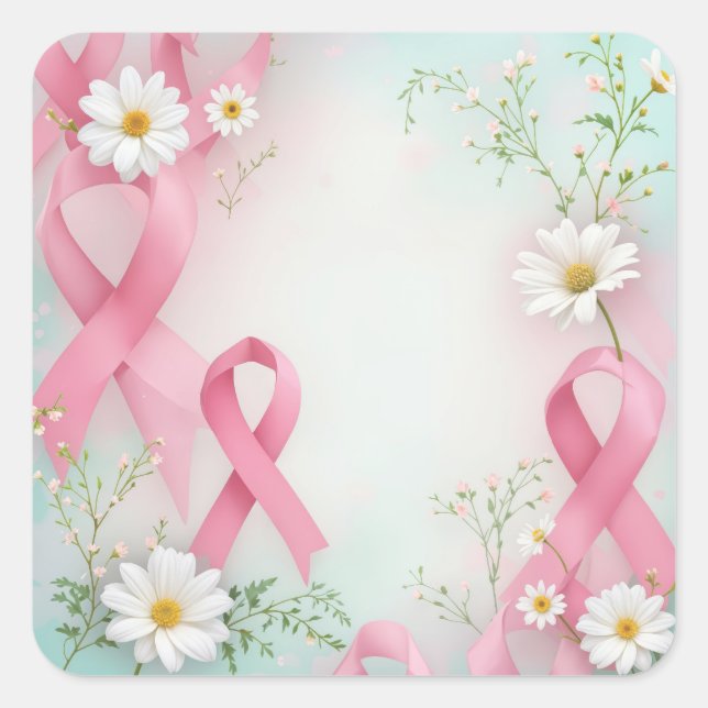 Brustkrebs-Bewusstsein Pink Ribbons and Daisis Quadratischer Aufkleber (Vorderseite)