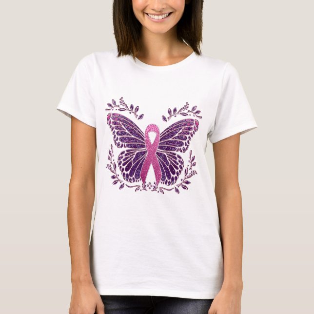 Brustkrebs-Bewusstsein Schmetterling Blumengrenze T-Shirt (Vorderseite)