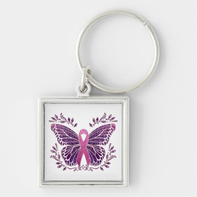 Brustkrebs-Bewusstsein Schmetterling mit floralen  Schlüsselanhänger (Vorne)