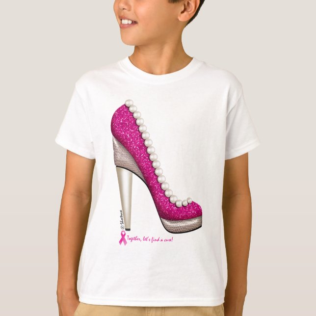 Brustkrebs-Bewusstseins-Glitzer-Perlen-Pumpe T-Shirt (Vorderseite)