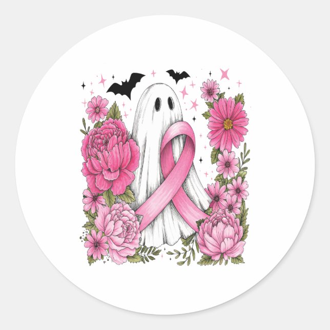 Brustkrebs Halloween Ghost Boho Runder Aufkleber (Vorderseite)
