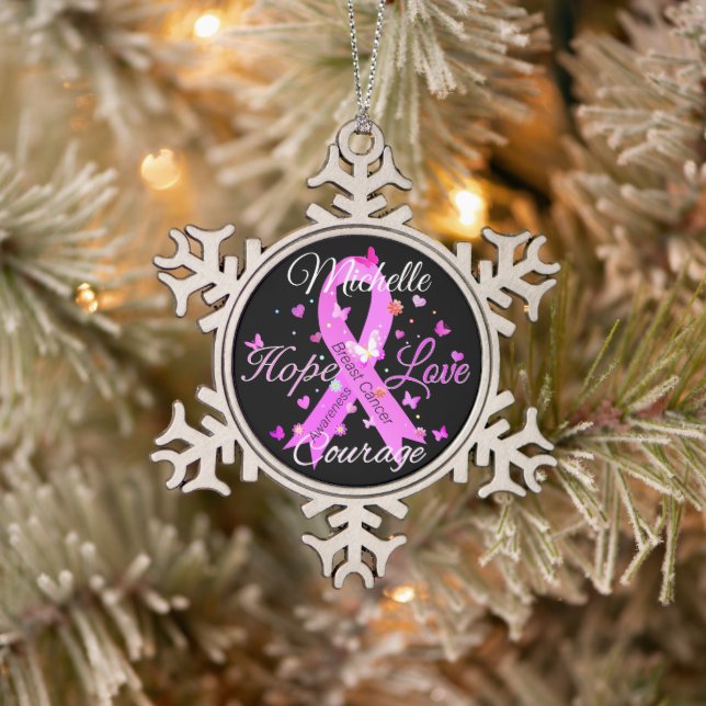 Brustkrebs Hoffnung Liebe Courage Snowflake Pewter Schneeflocken Zinn-Ornament (Baum)