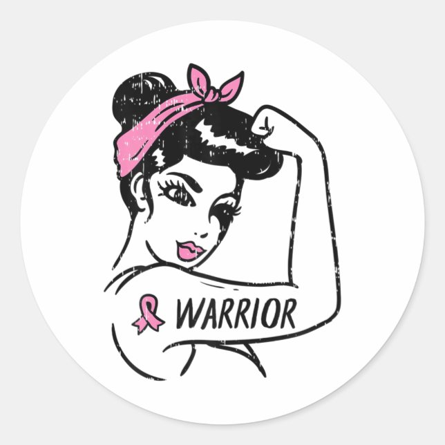 Brustkrebs-Kriegerin Rosie Riveter Pink Frauen Runder Aufkleber (Vorderseite)