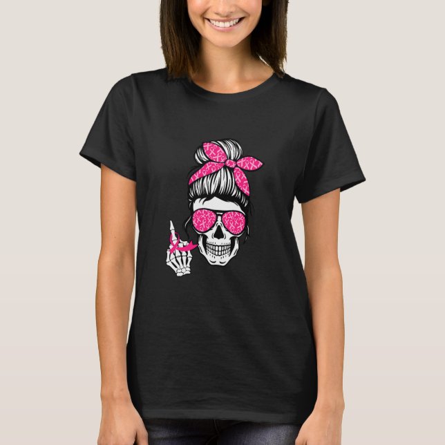 Brustkrebs Mittlere Finger Skelett rosa Band T-Shirt (Vorderseite)
