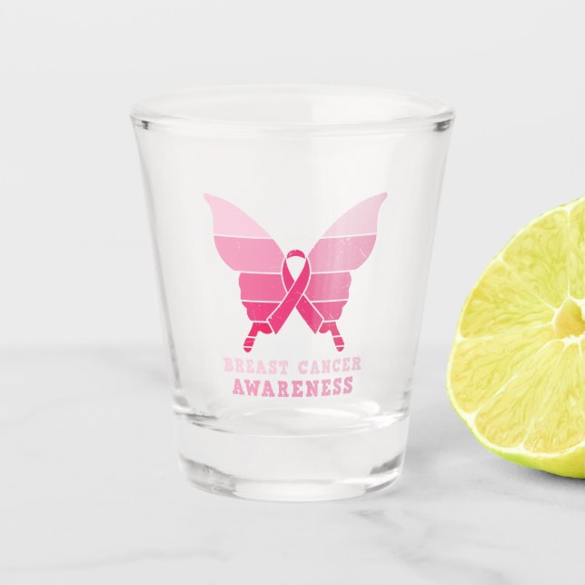 Brustkrebs - Schmetterling - Rosa Schleife Schnapsglas (Vorderseite)